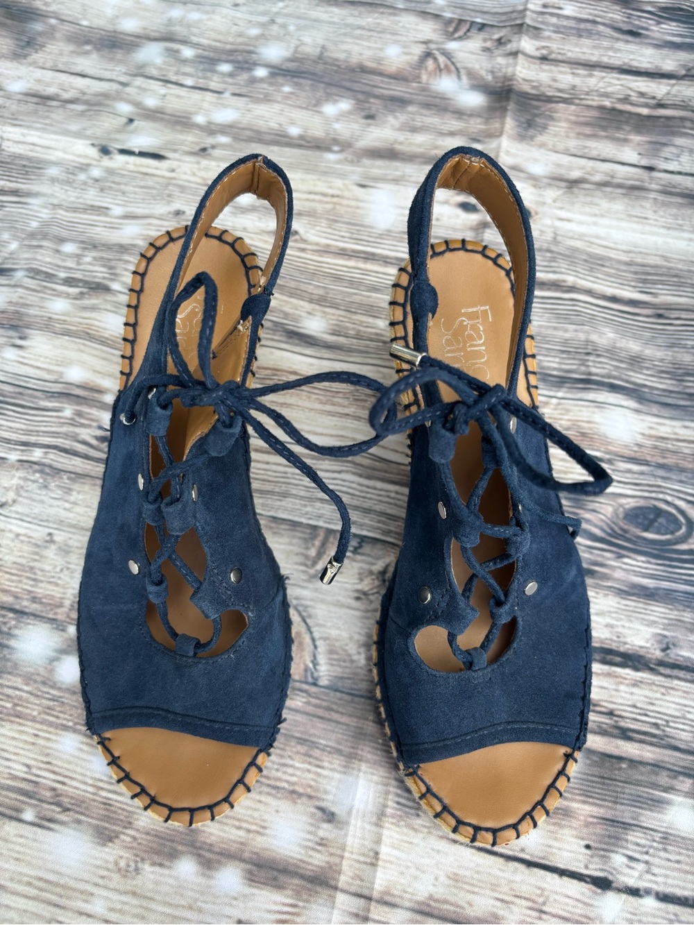 Franco Sarto Navy Suede Lace-Up Wedge Sandals. 3 1/4 heel